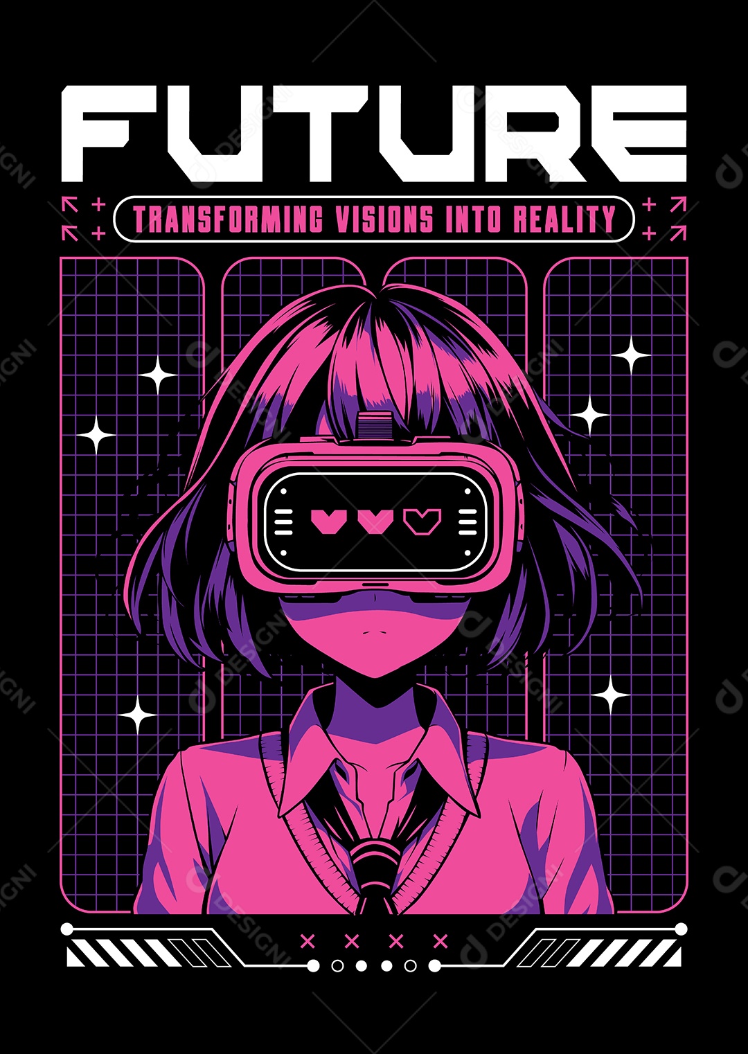 Garota de Anime com Óculos de Realidade Virtual Futuro Vetor EPS Editável