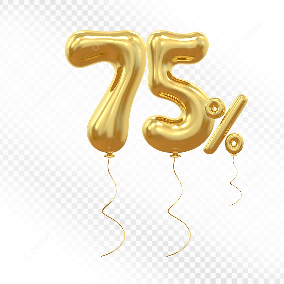 Elemento 3D Balão Dourado de Número 75% para Composição PSD