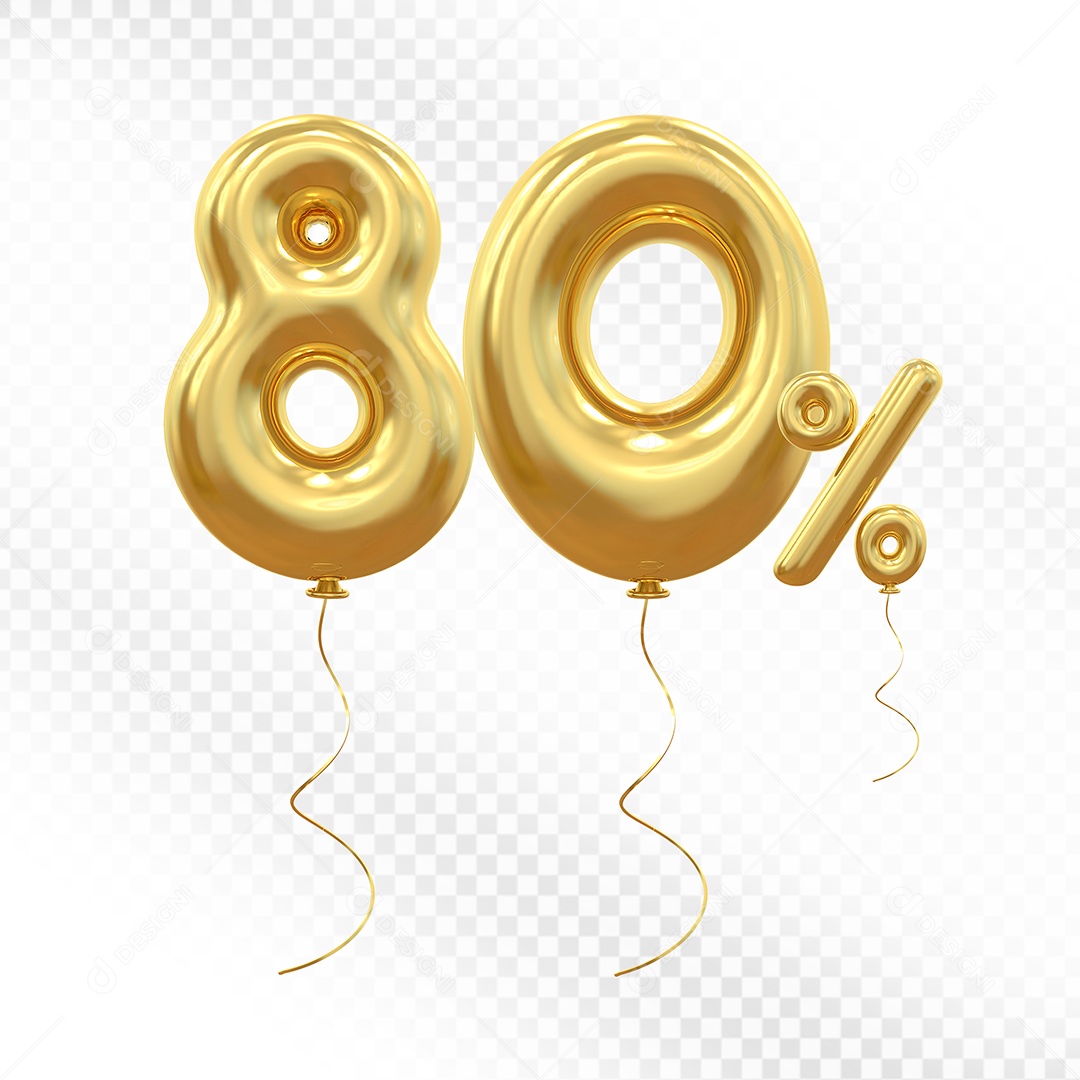 Elemento 3D Balão Dourado de Número 80% para Composição PSD