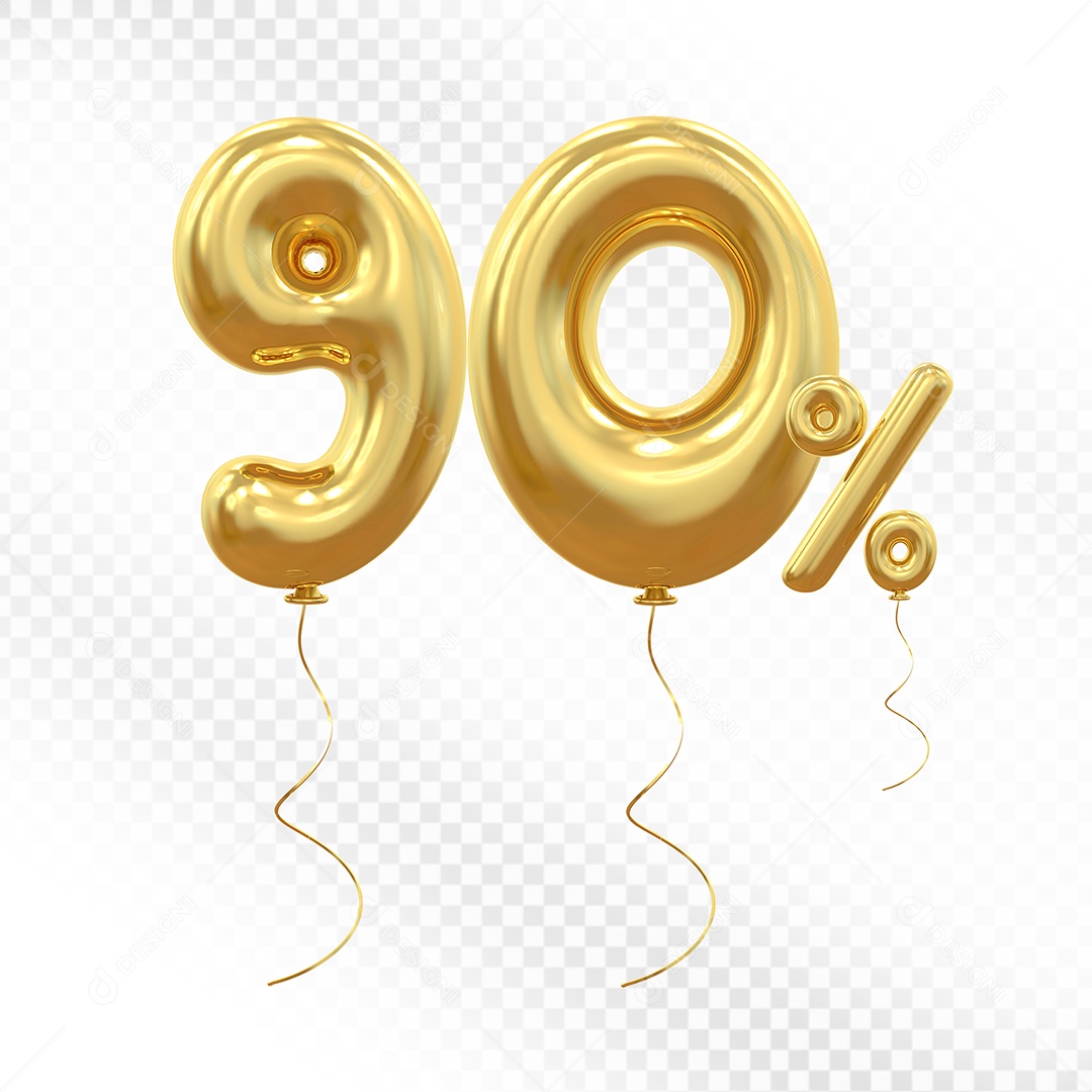 Elemento 3D Balão Dourado de Número 90% para Composição PSD