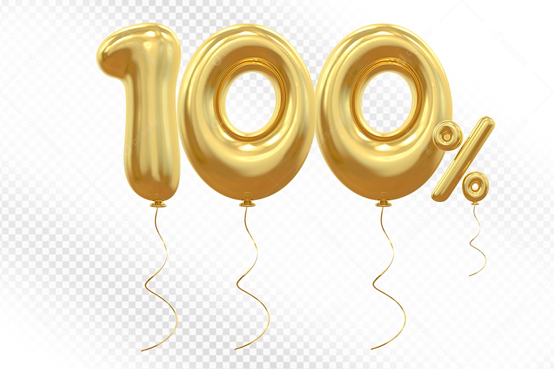 Elemento 3D Balão Dourado de Número 100% para Composição PSD