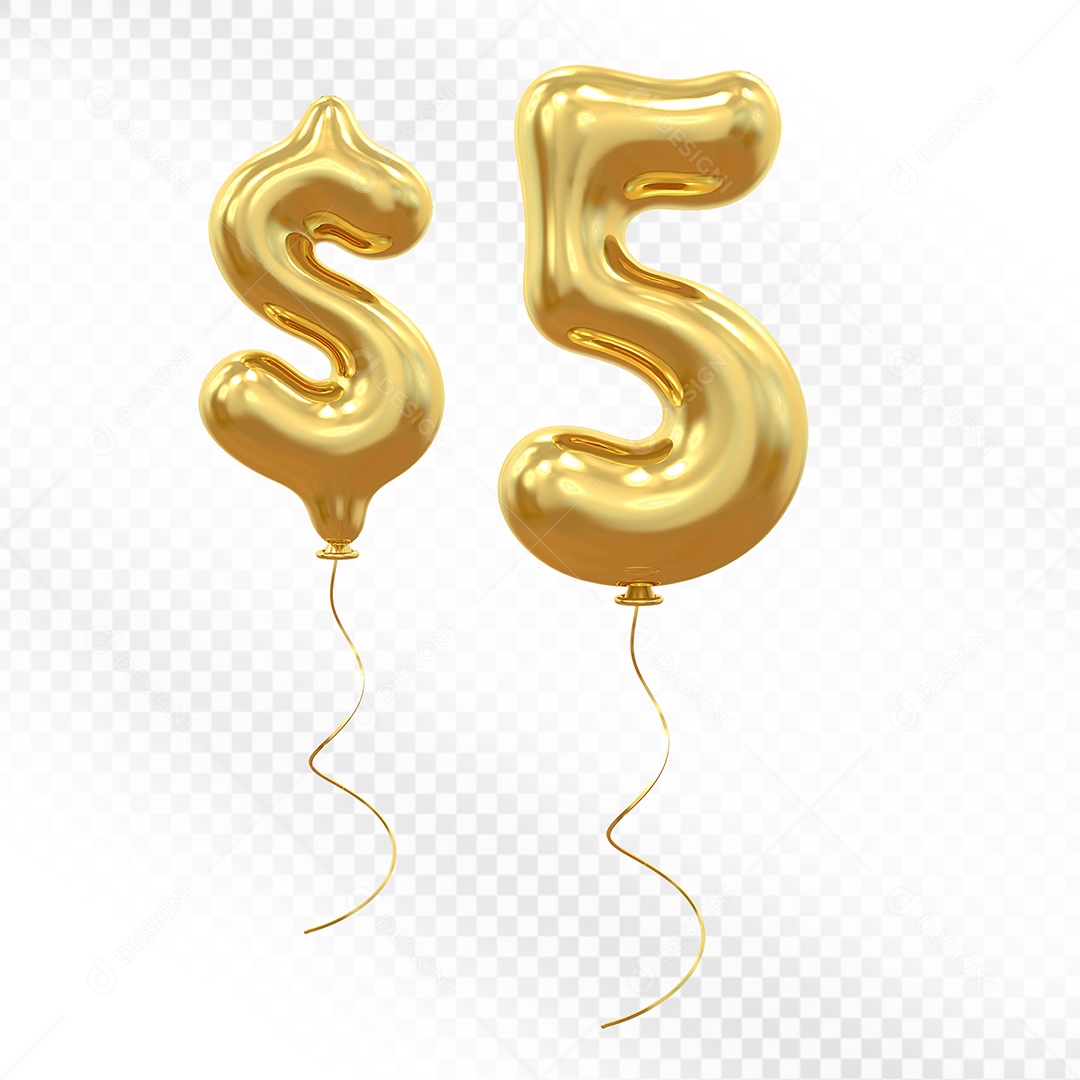 Elemento 3D Balão Dourado de Número $ 5 para Composição PSD