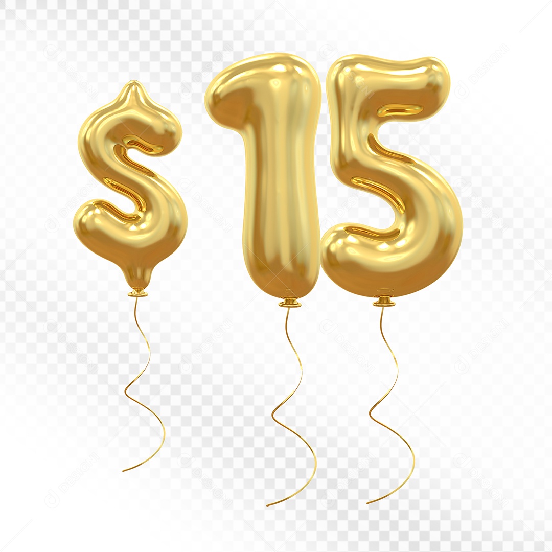 Elemento 3D Balão Dourado de Número $ 15 para Composição PSD