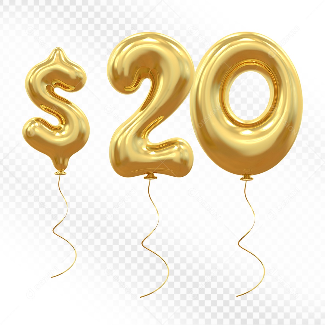 Elemento 3D Balão Dourado de Número $ 20 para Composição PSD