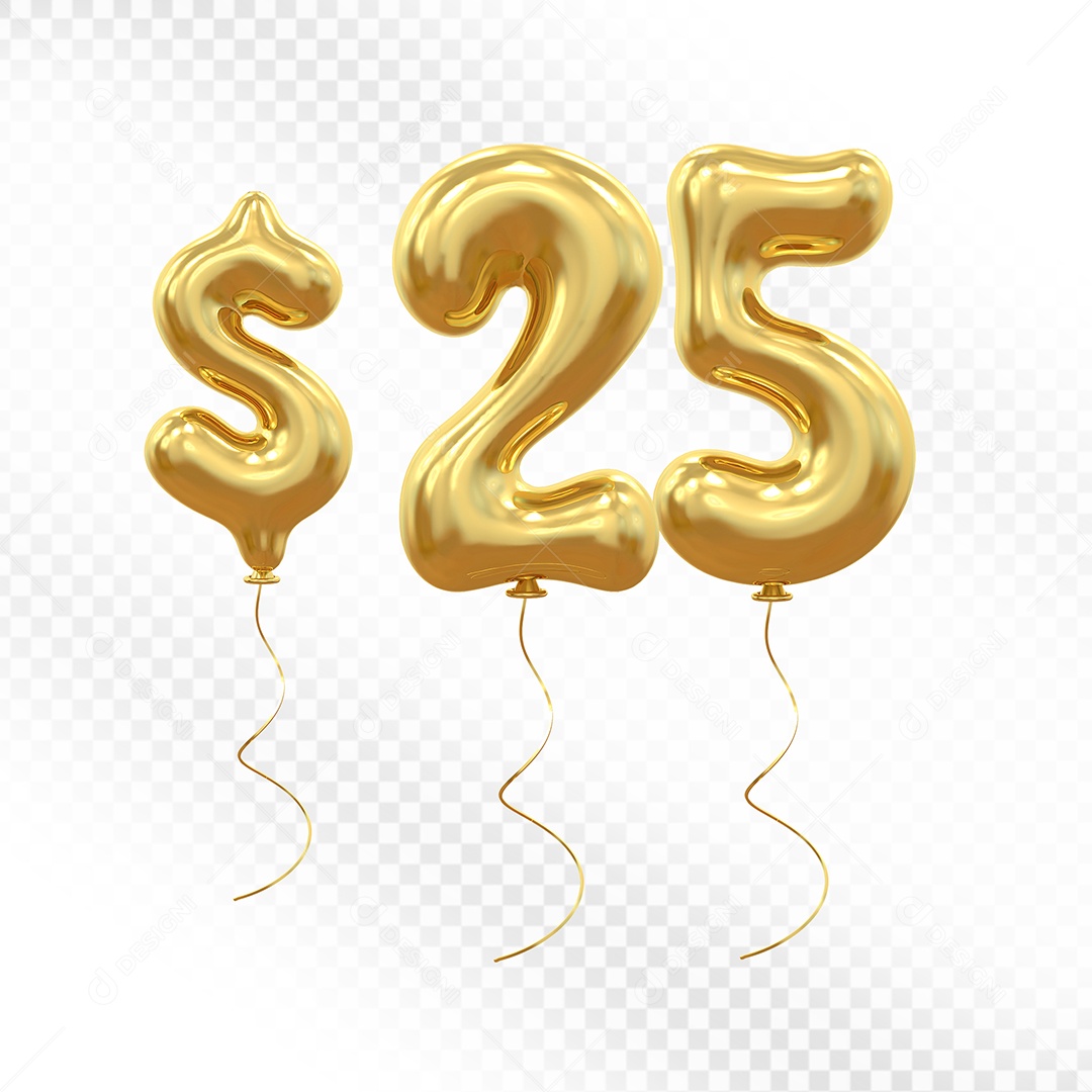 Elemento 3D Balão Dourado de Número $ 25 para Composição PSD