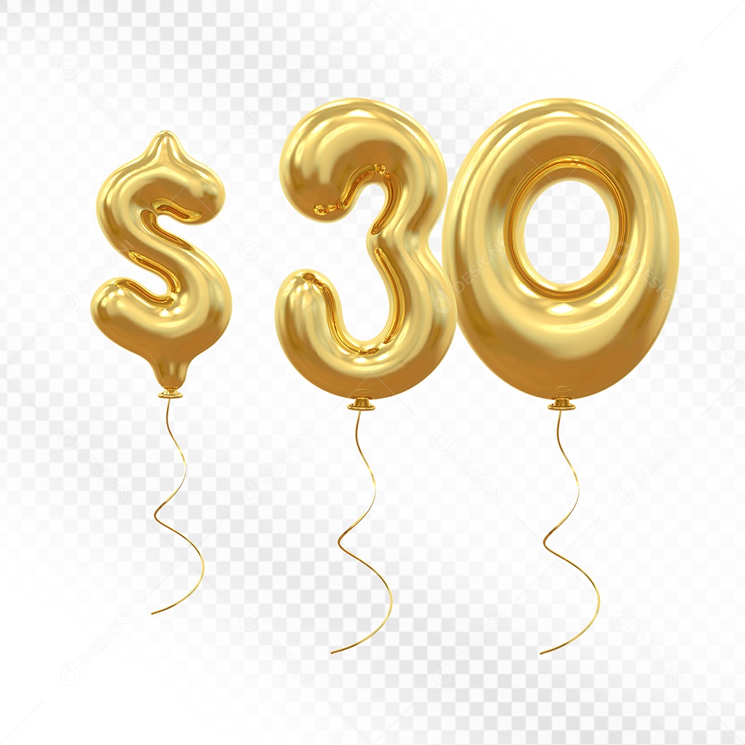 Elemento 3D Balão Dourado de Número $ 30 para Composição PSD