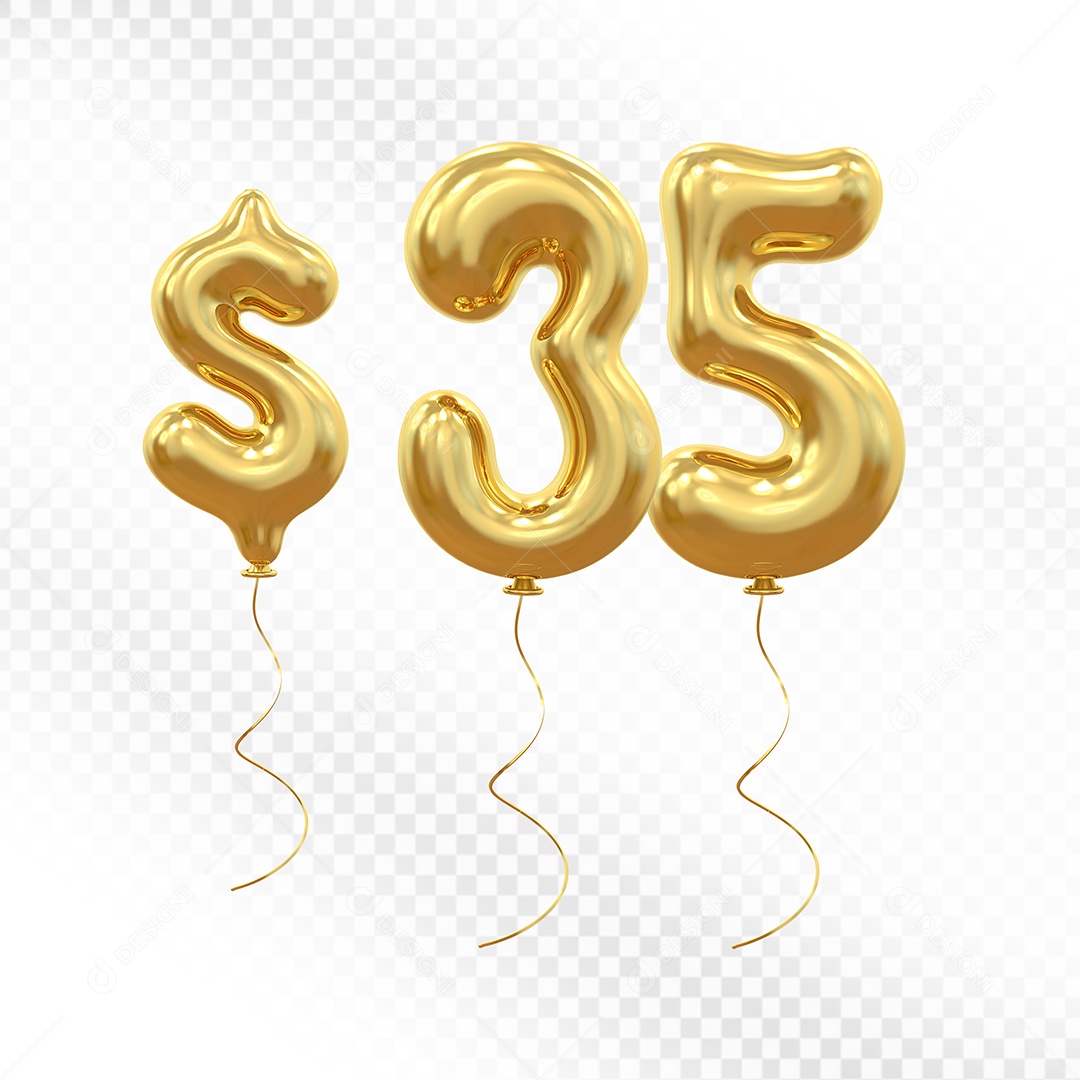 Elemento 3D Balão Dourado de Número $ 35  para Composição PSD