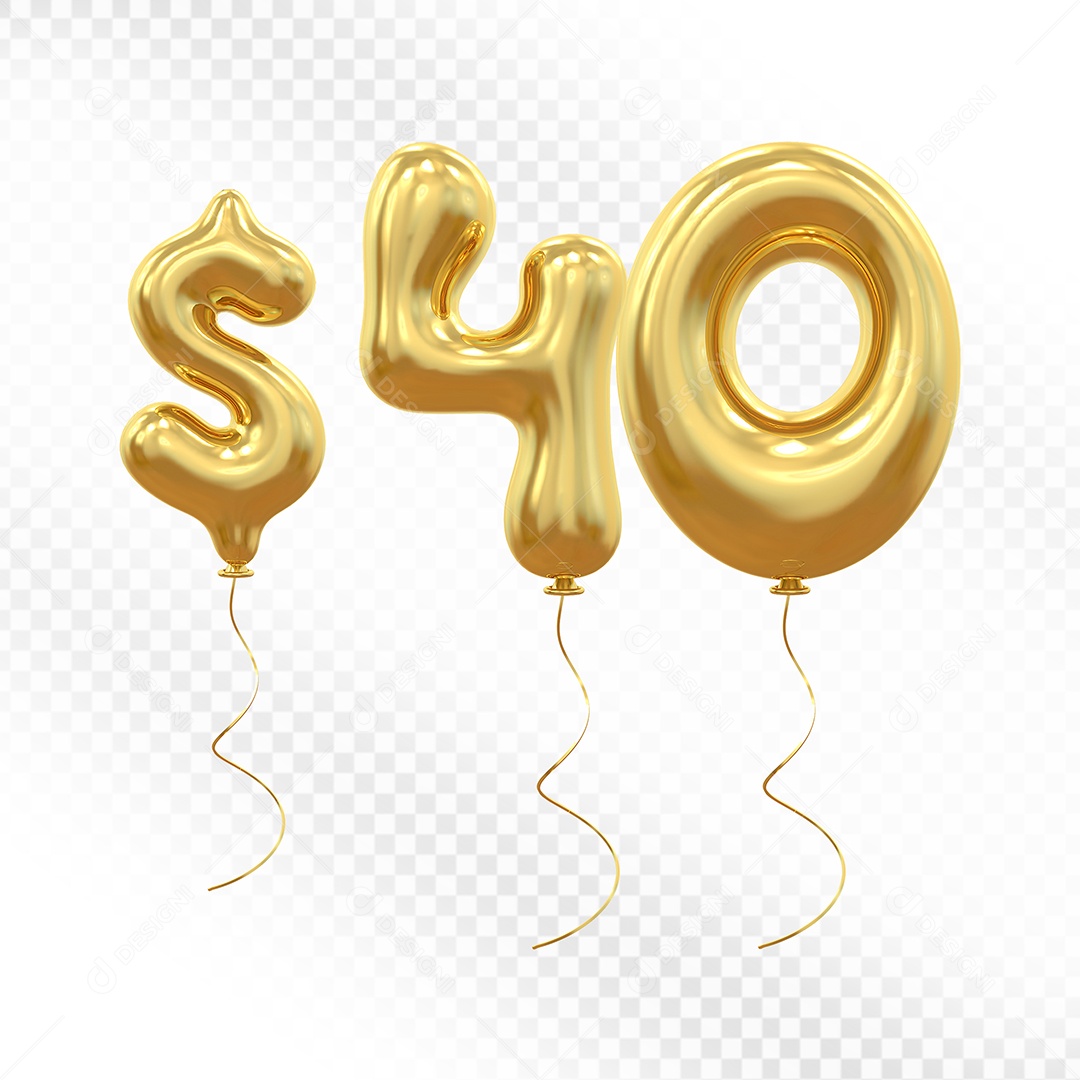 Elemento 3D Balão Dourado de Número $ 40 para Composição PSD