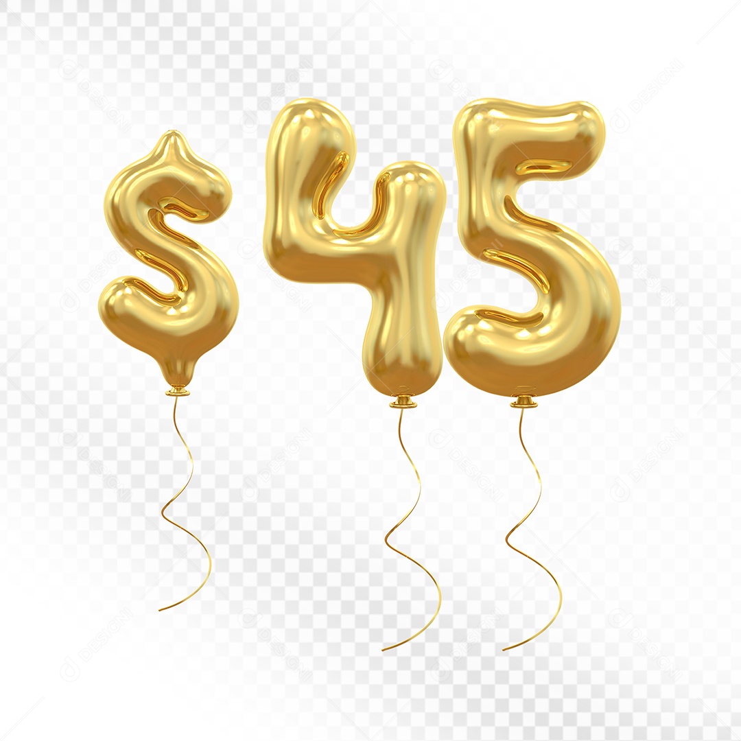 Elemento 3D Balão Dourado de Número $ 45 para Composição PSD