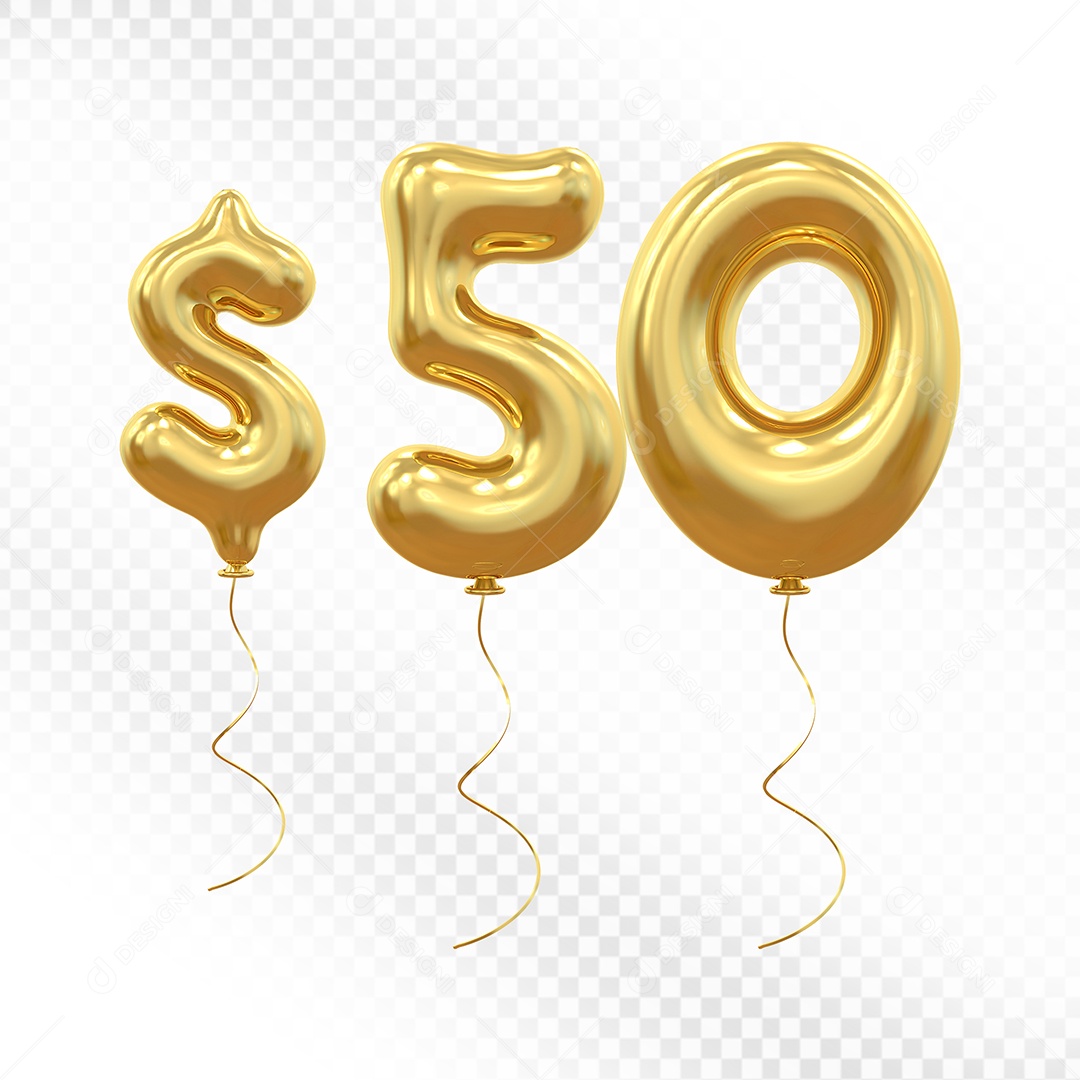 Elemento 3D Balão Dourado de Número $ 50 para Composição PSD