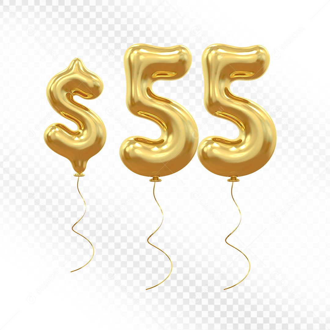 Elemento 3D Balão Dourado de Número $ 55 para Composição PSD