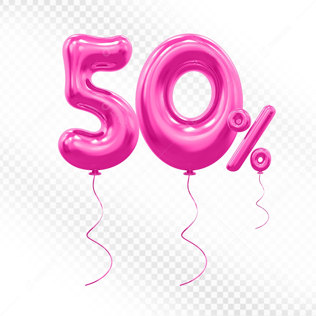 Elemento 3D Balão Rosa de Número 50% Para composição PSD