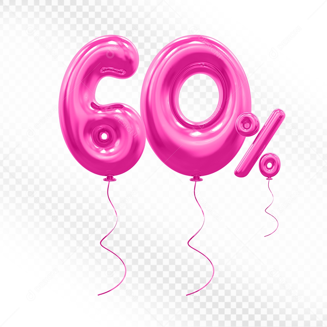 Elemento 3D Balão Rosa de Número 60% Para composição PSD
