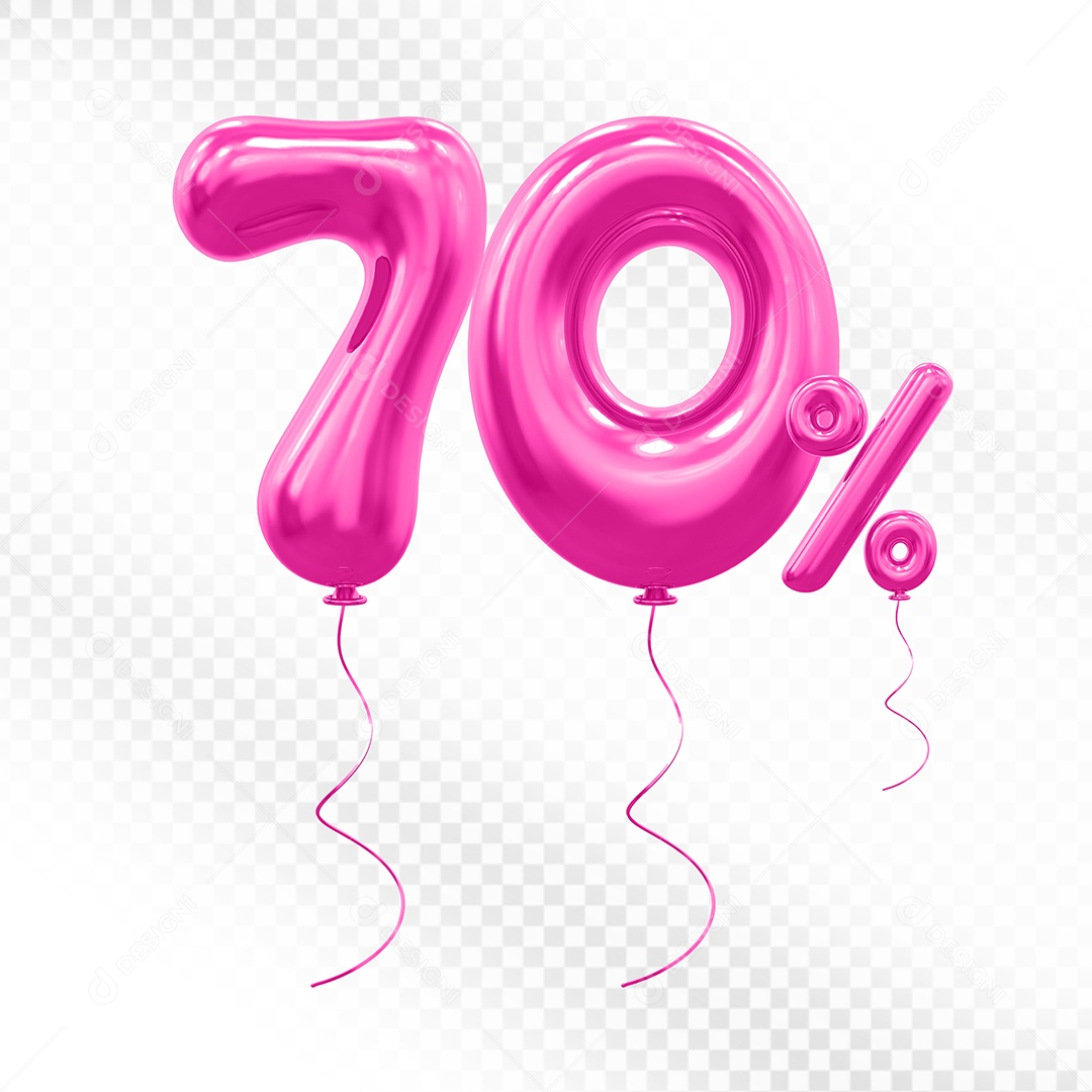 Elemento 3D Balão Rosa de Número 70% Para composição PSD