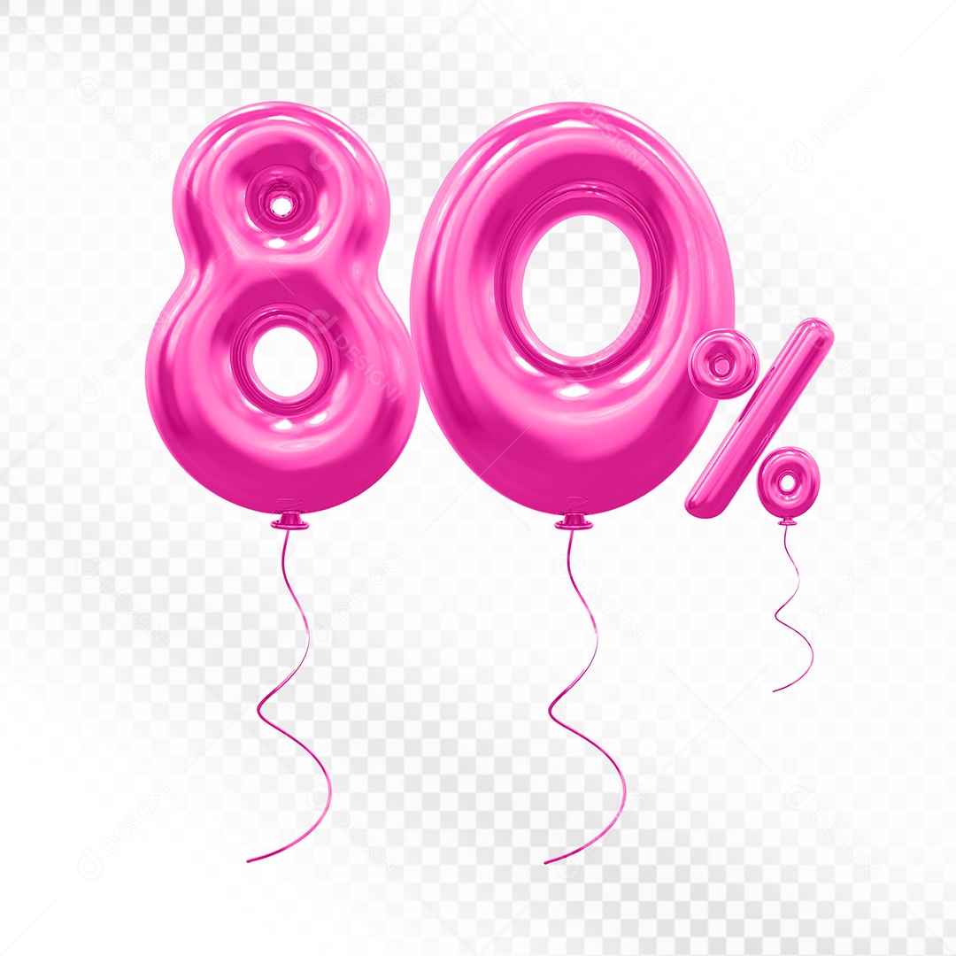 Elemento 3D Balão Rosa de Número 80% Para composição PSD