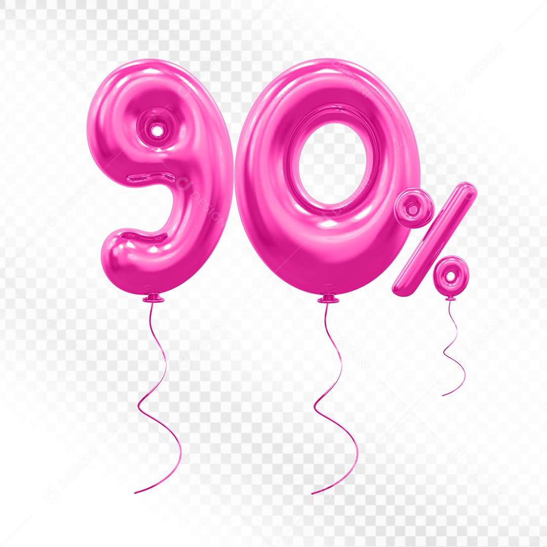 Elemento 3D Balão Rosa de Número 90% Para composição PSD