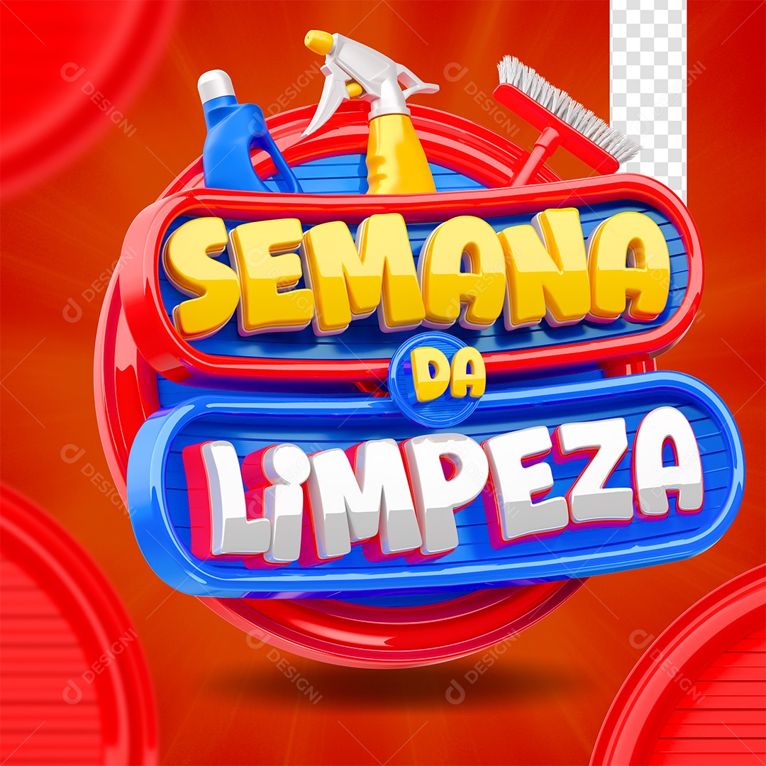 Selo 3D Semana Da Limpeza Dourado Vermelho e Azul para Composição PSD