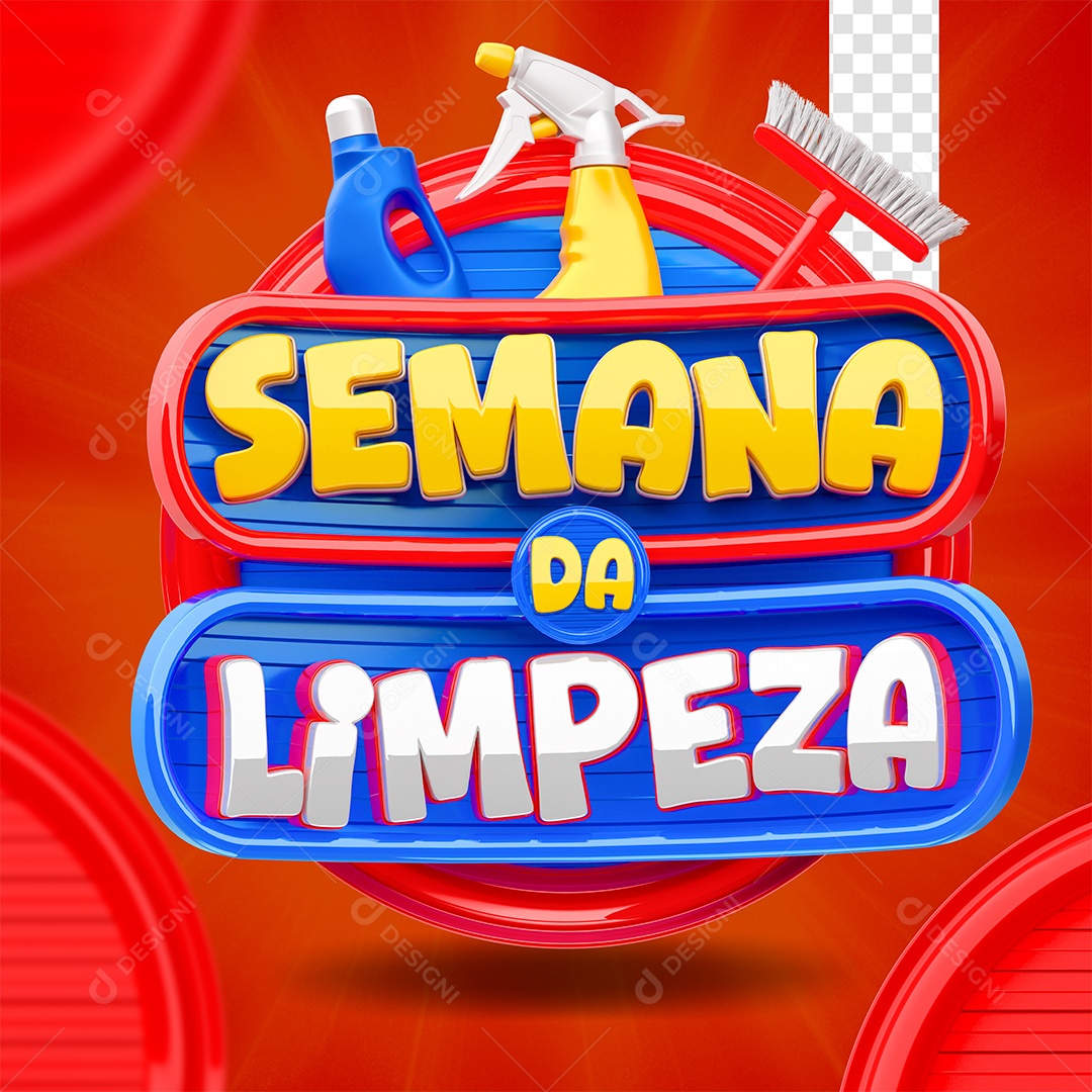 Semana Da Limpeza Selo 3D Dourado Vermelho e Azul para Composição PSD