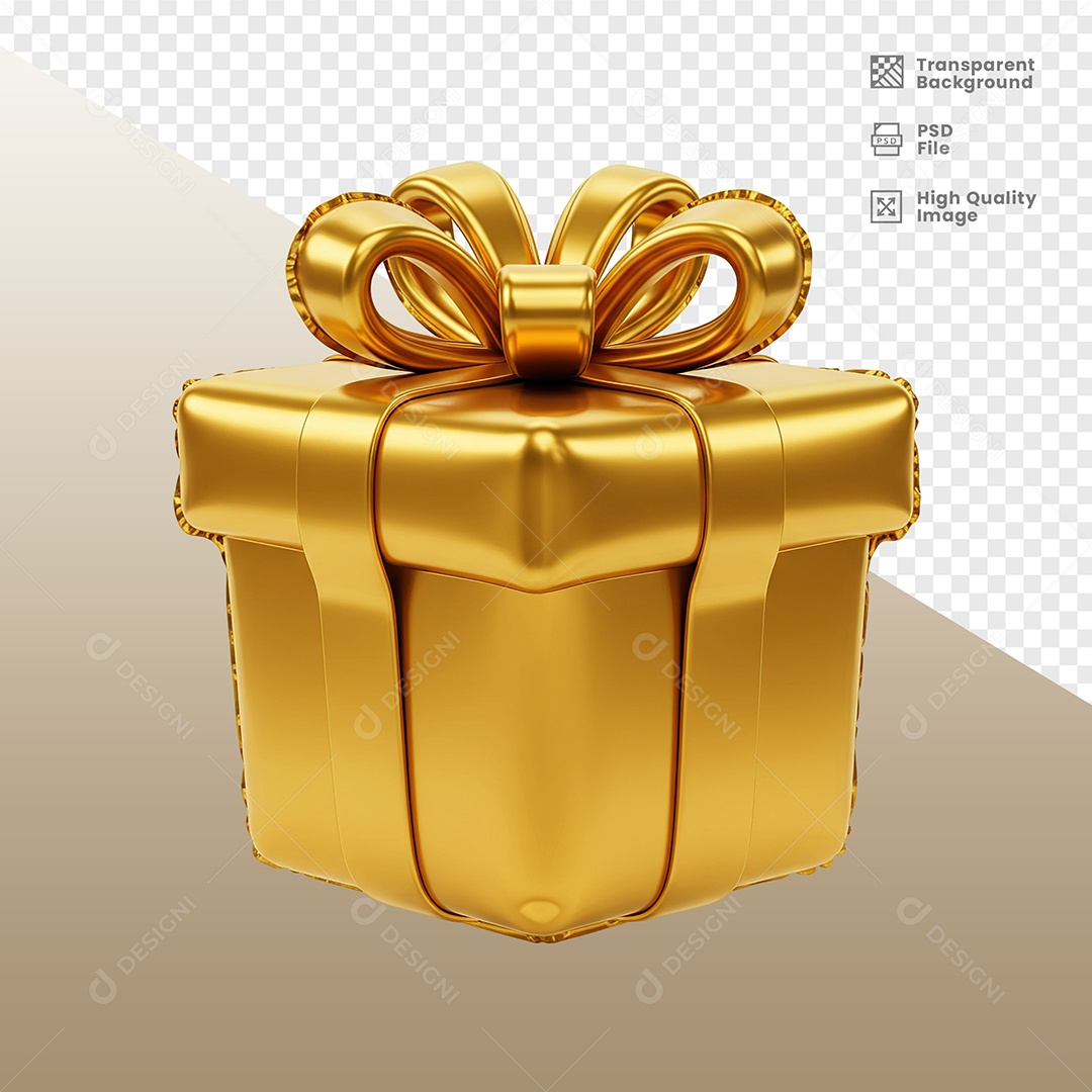 Caixa de Presente Elemento 3D Dourada para Composição PSD