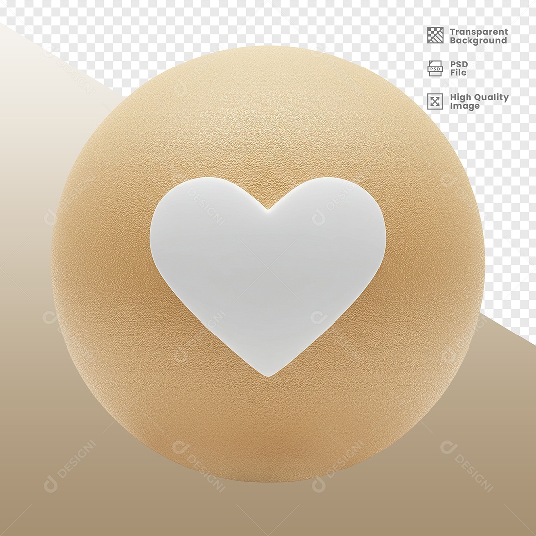 Bola com Coração Elemento 3D Dourado e Branco para Composição PSD