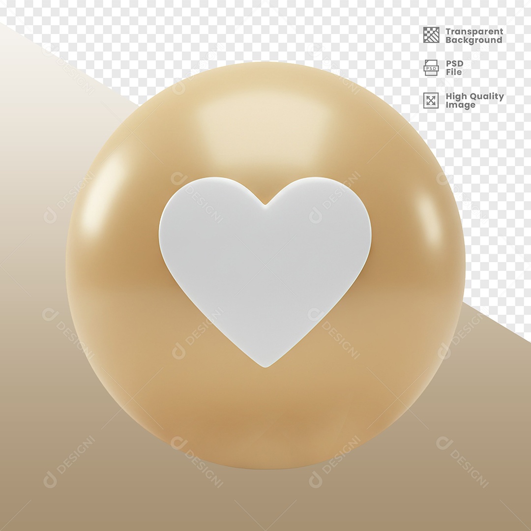 Coração Elemento 3D Dourado e Branco para Composição PSD