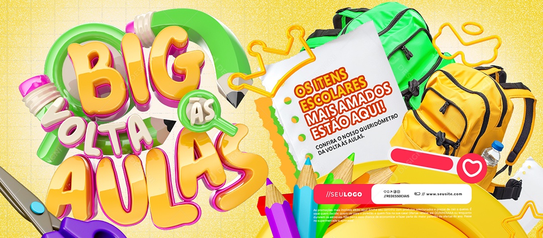Banner Big Volta às Aulas Os Itens Escolares Mais Amados Estão Aqui Social Media PSD Editável