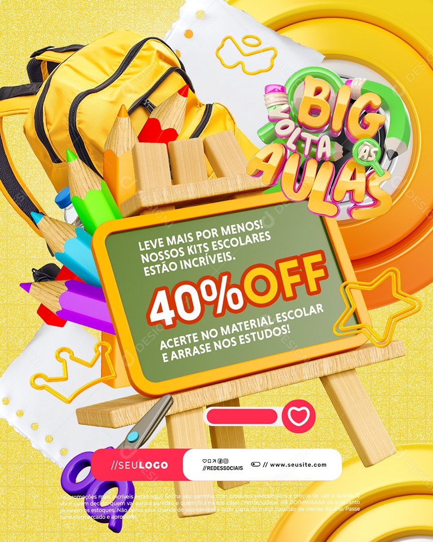 Big Volta às Aulas Acerte no Material Escolar Social Media PSD Editável