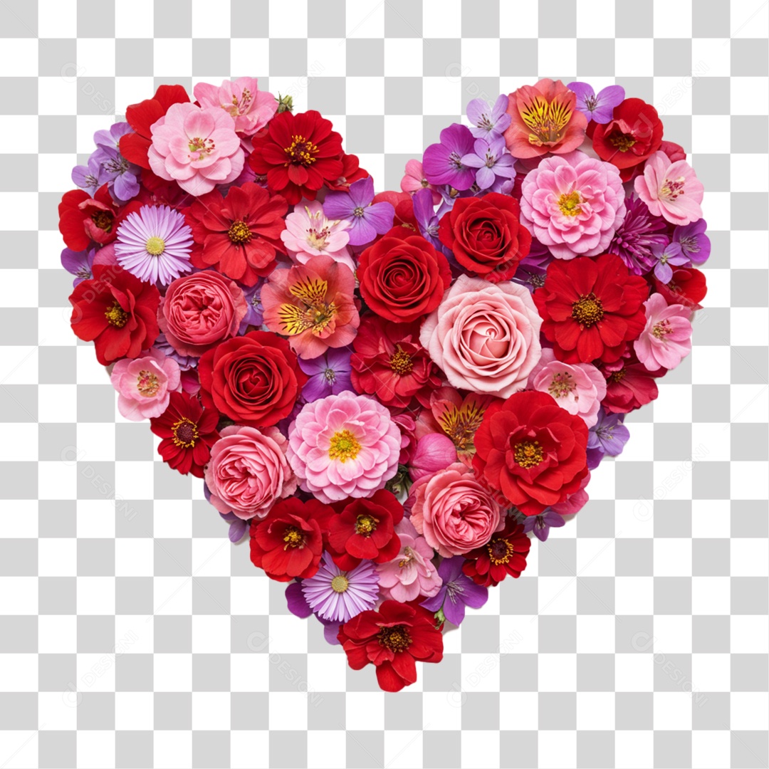 Elemento 3D Coração de Flores PNG Transparente