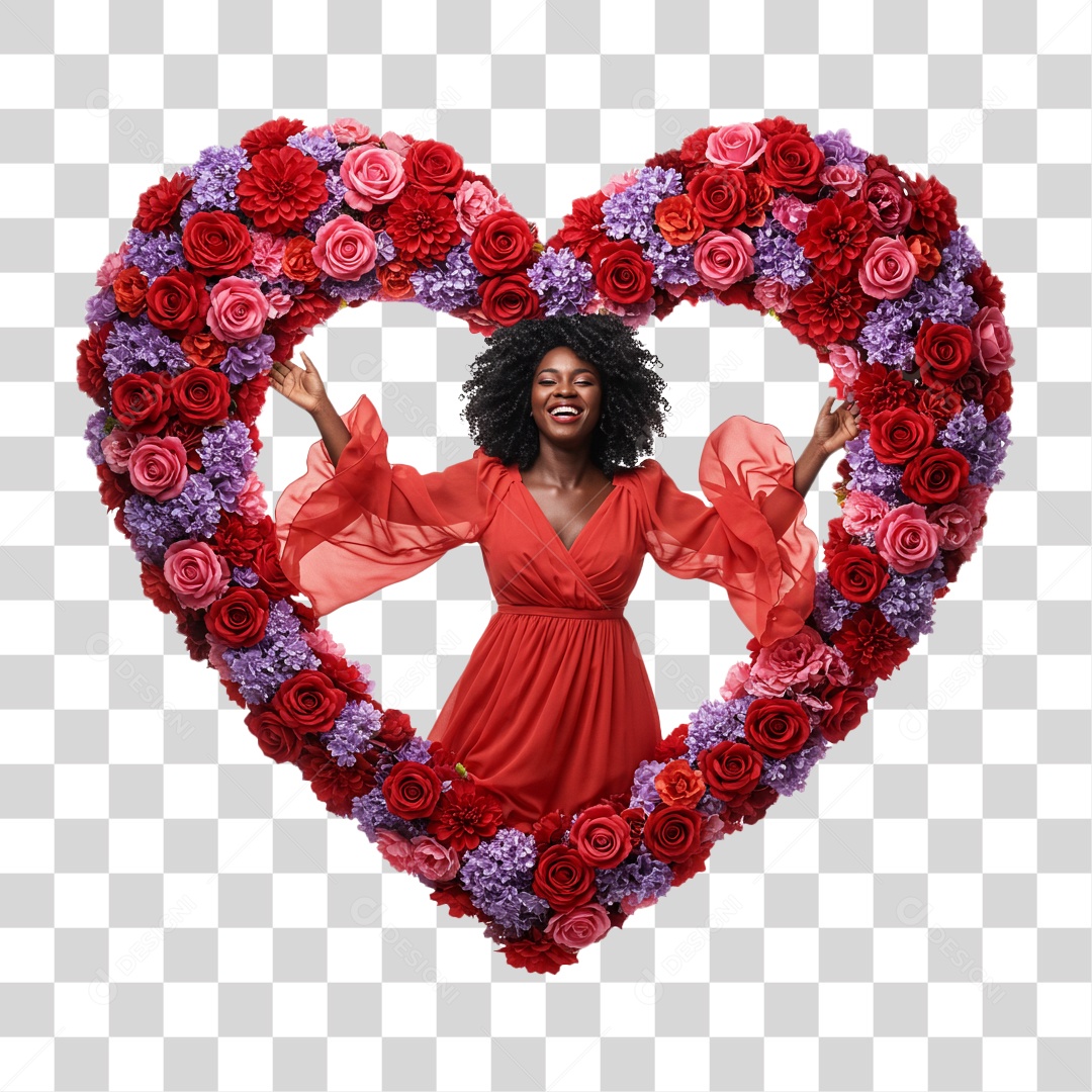 Mulher Sorrindo em Coração de Flores PNG Transparente