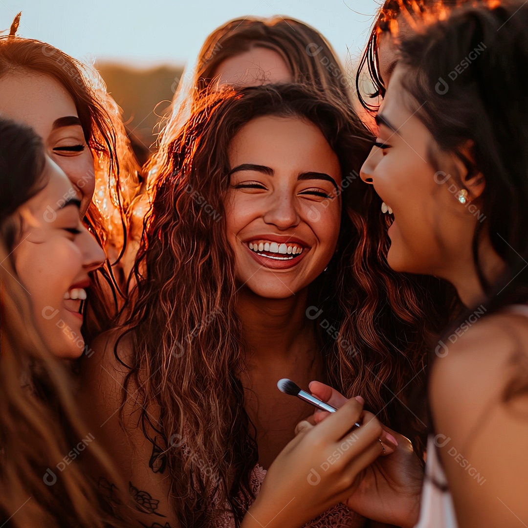 Lindas garotas e amigas se maquiando e bem felizes.