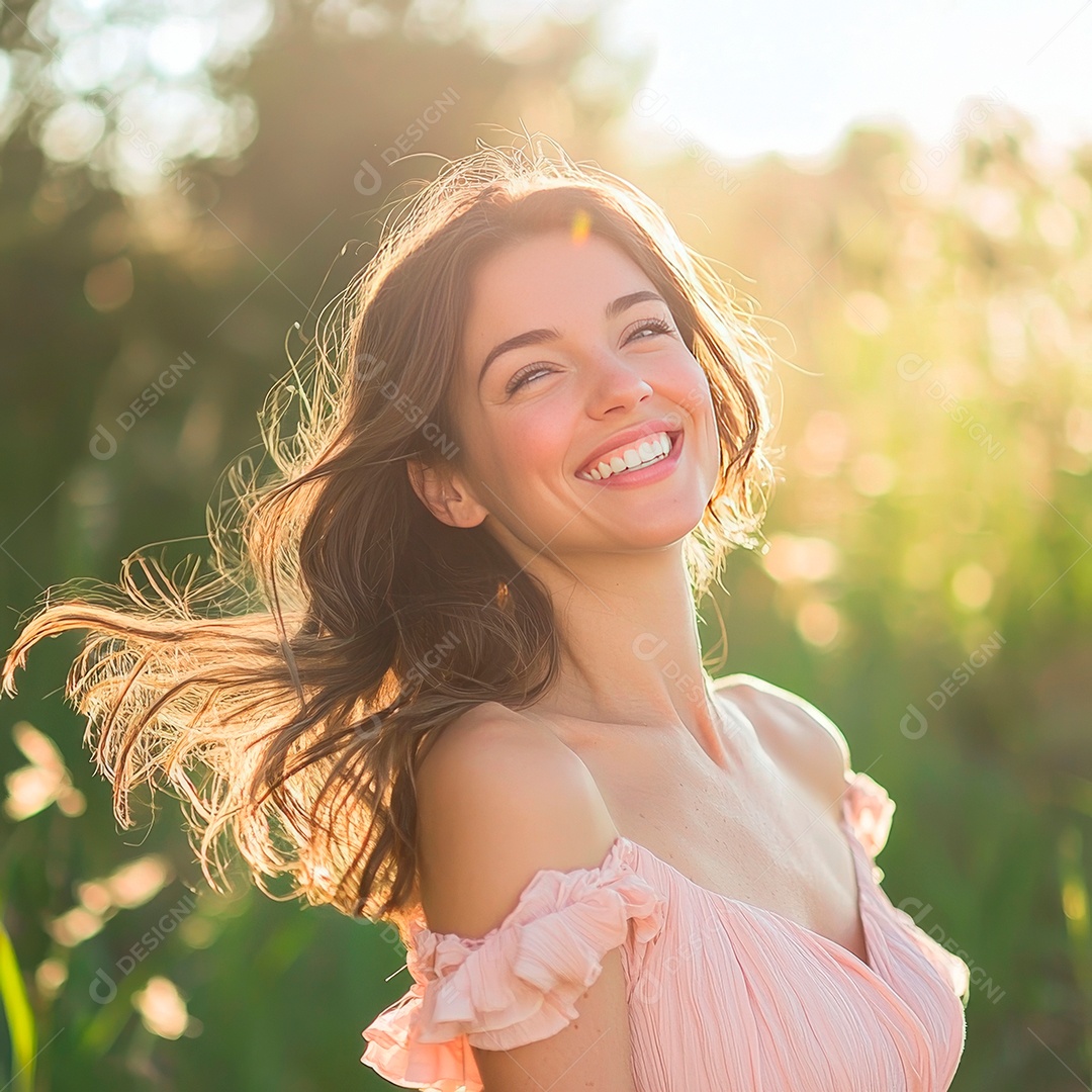 Mulher linda e feliz em um belo campo.