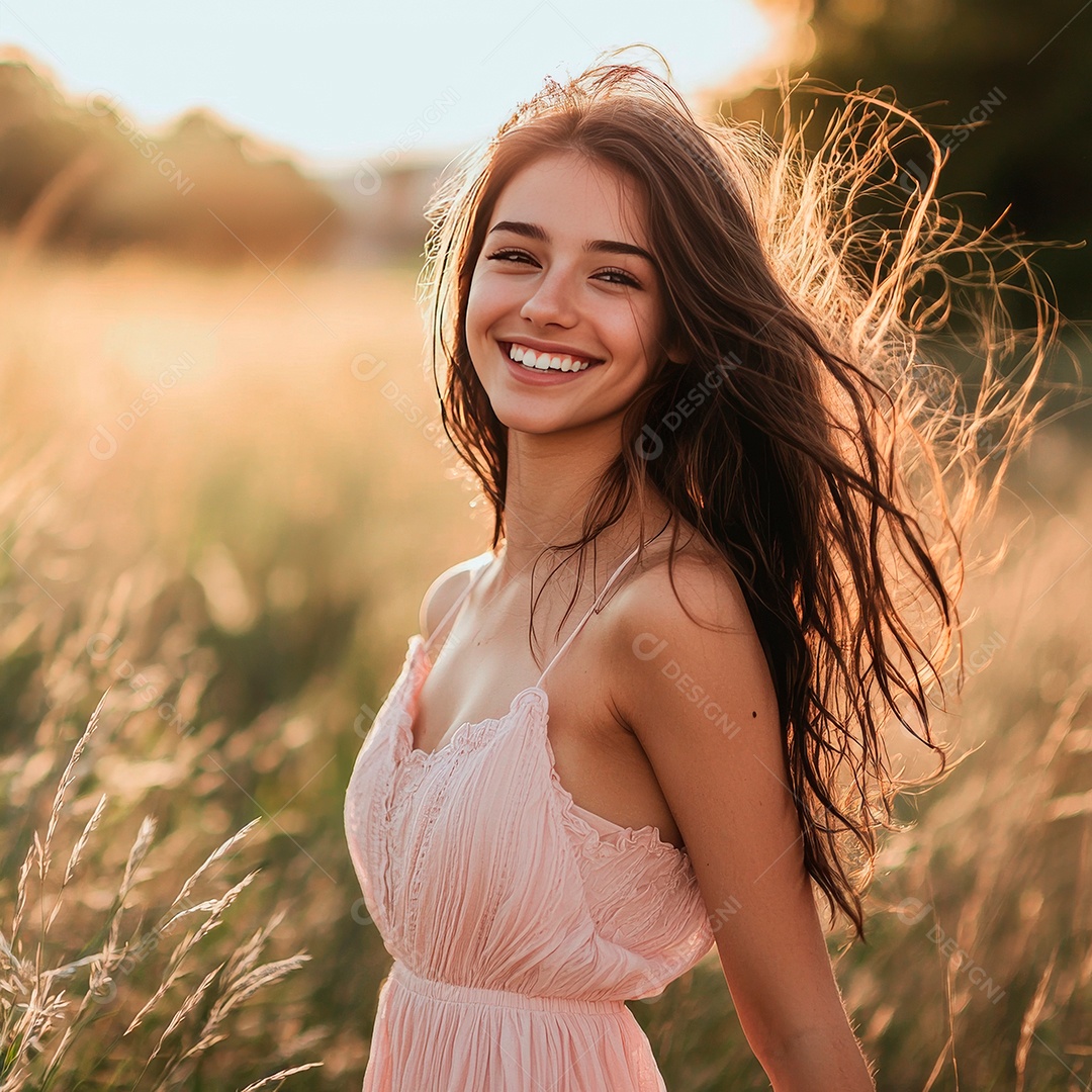 Uma linda e doce mulher em um campo.