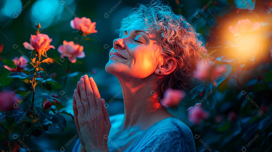 Idosa linda agradecendo com mãos juntas em meio a flores.