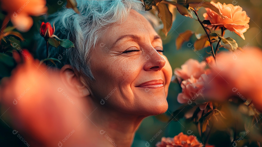 Idosa fofa no jardim de flores dia internacional da mulher.
