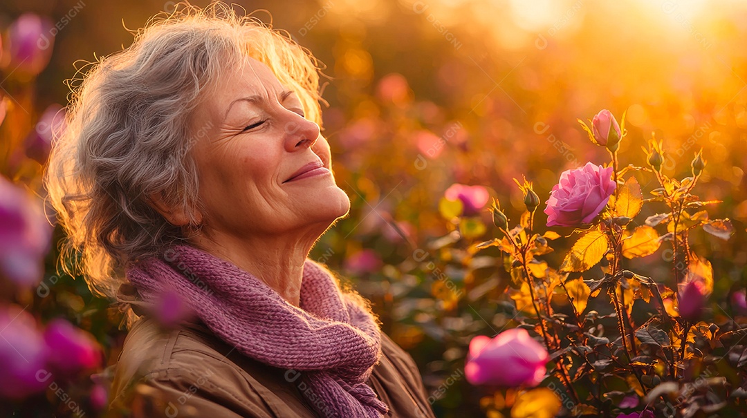 Dia internacional da mulher uma adorável senhora com jardim de rosas.