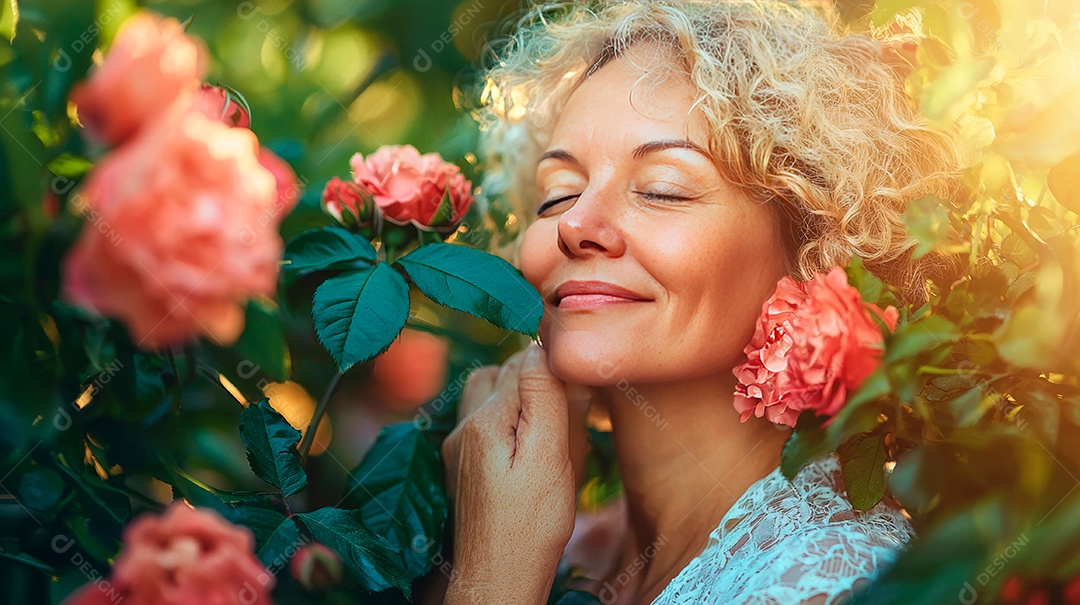 Linda idosa contente com suas rosas.