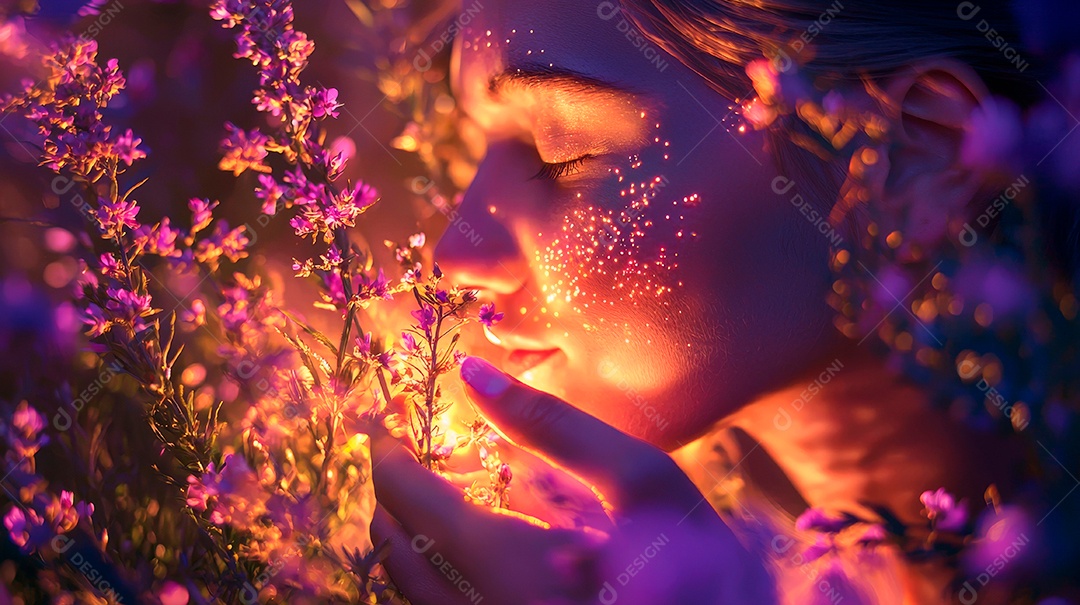 Uma linda garota cheirando rosinhas com iluminação.