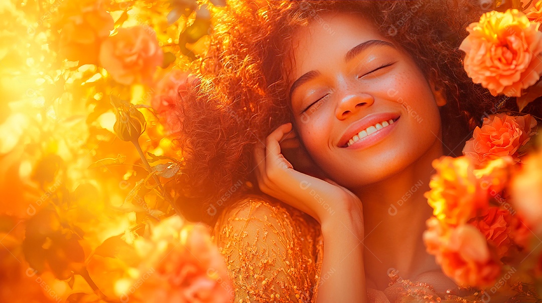 Graciosa jovem cacheada em meio a flores.