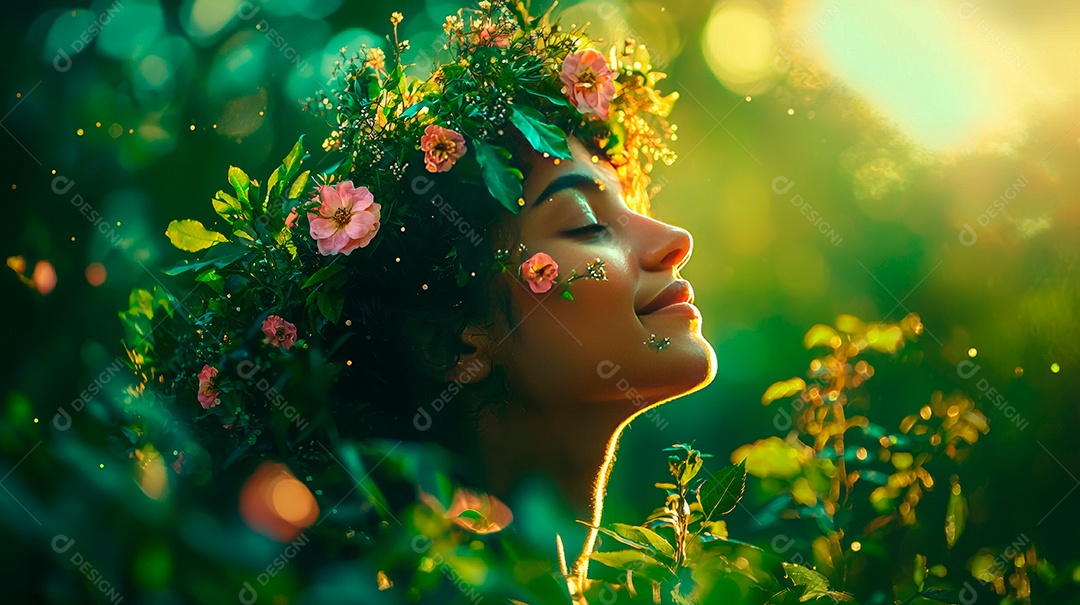 Uma linda mulher em meio a natureza com flores.