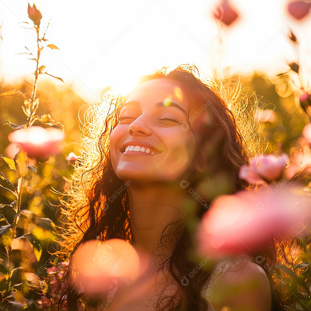 Linda jovem em meio a flores na natureza.