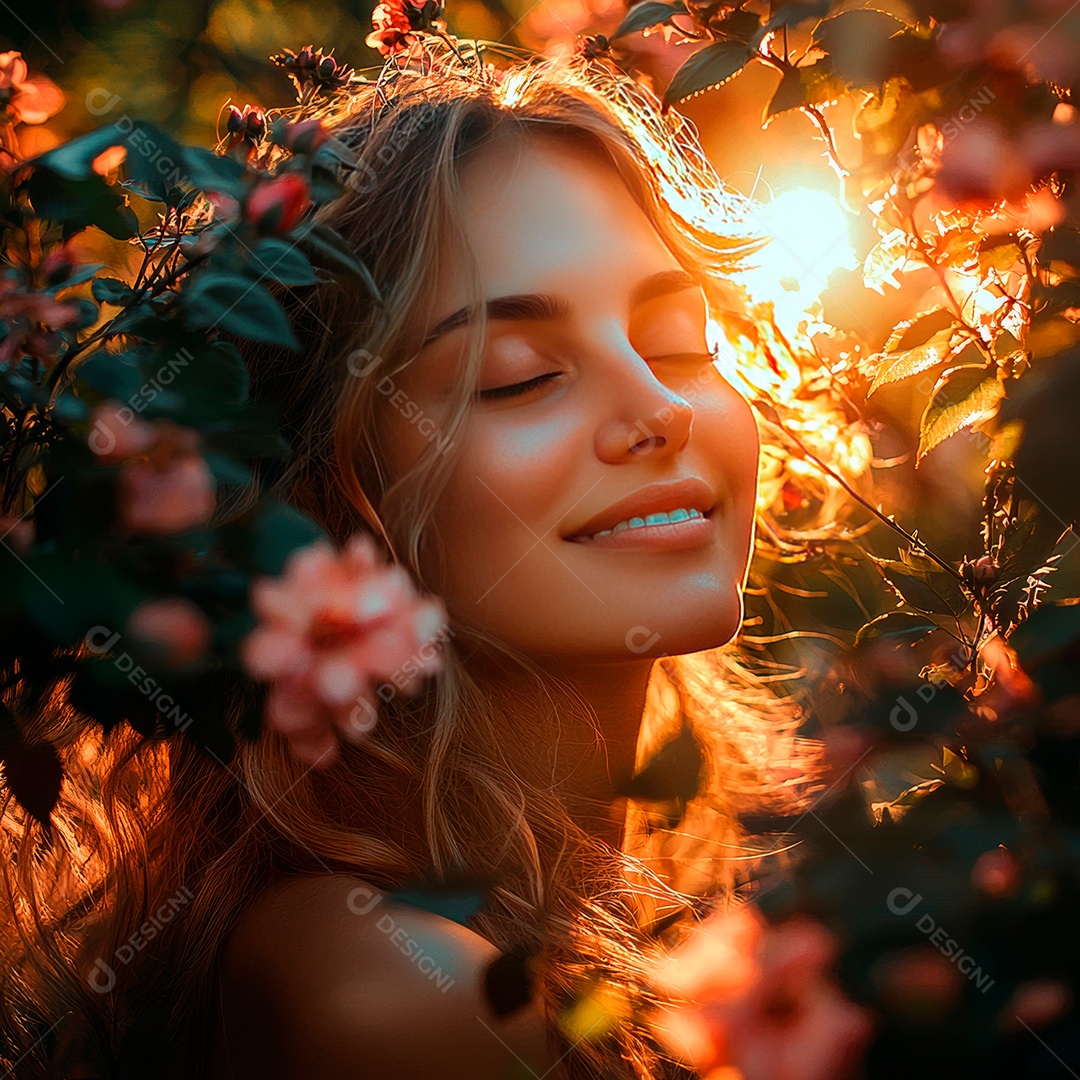 Uma linda jovem em meio as rosas.