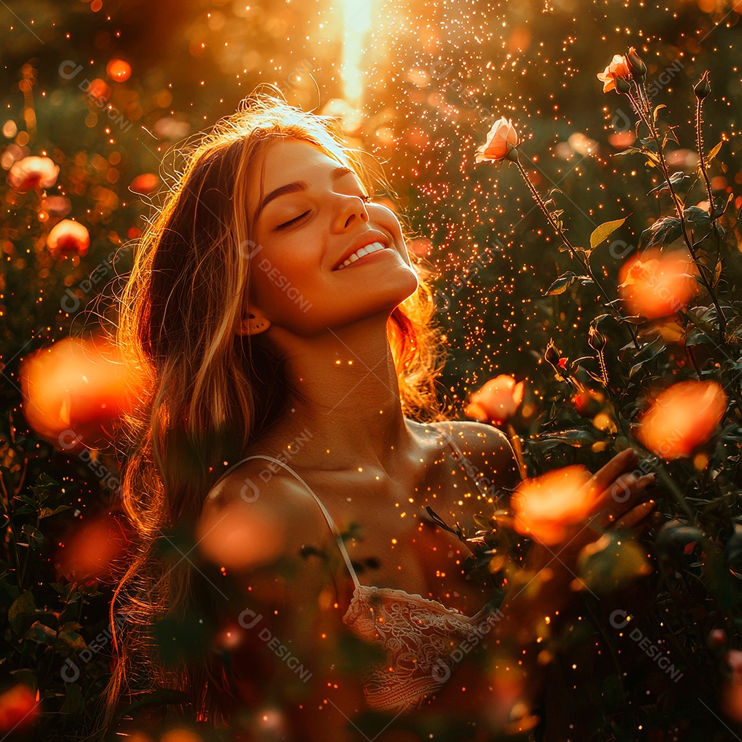 Jovem mulher linda em meios a flores.