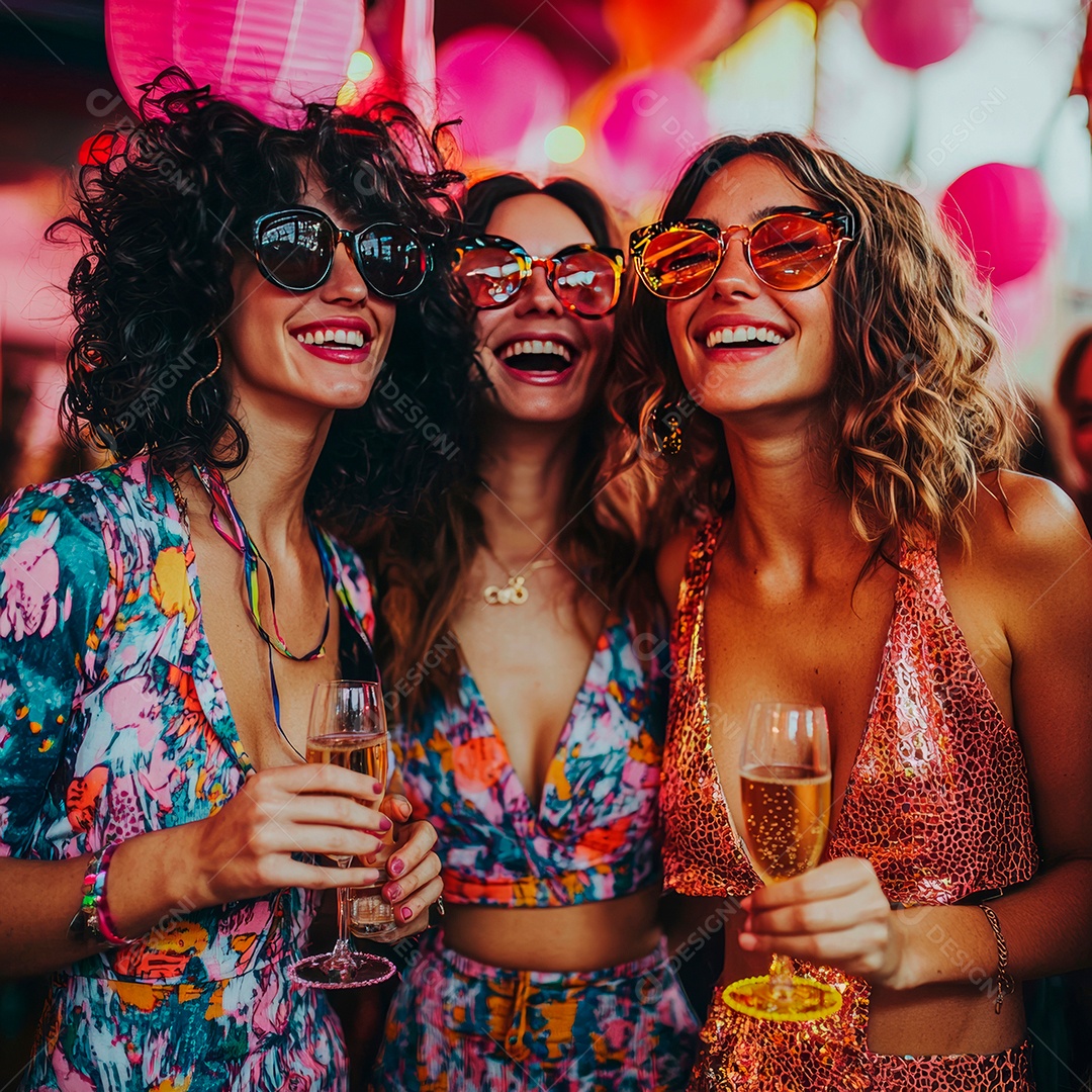 Três jovens amigas se divertindo bem felizes.