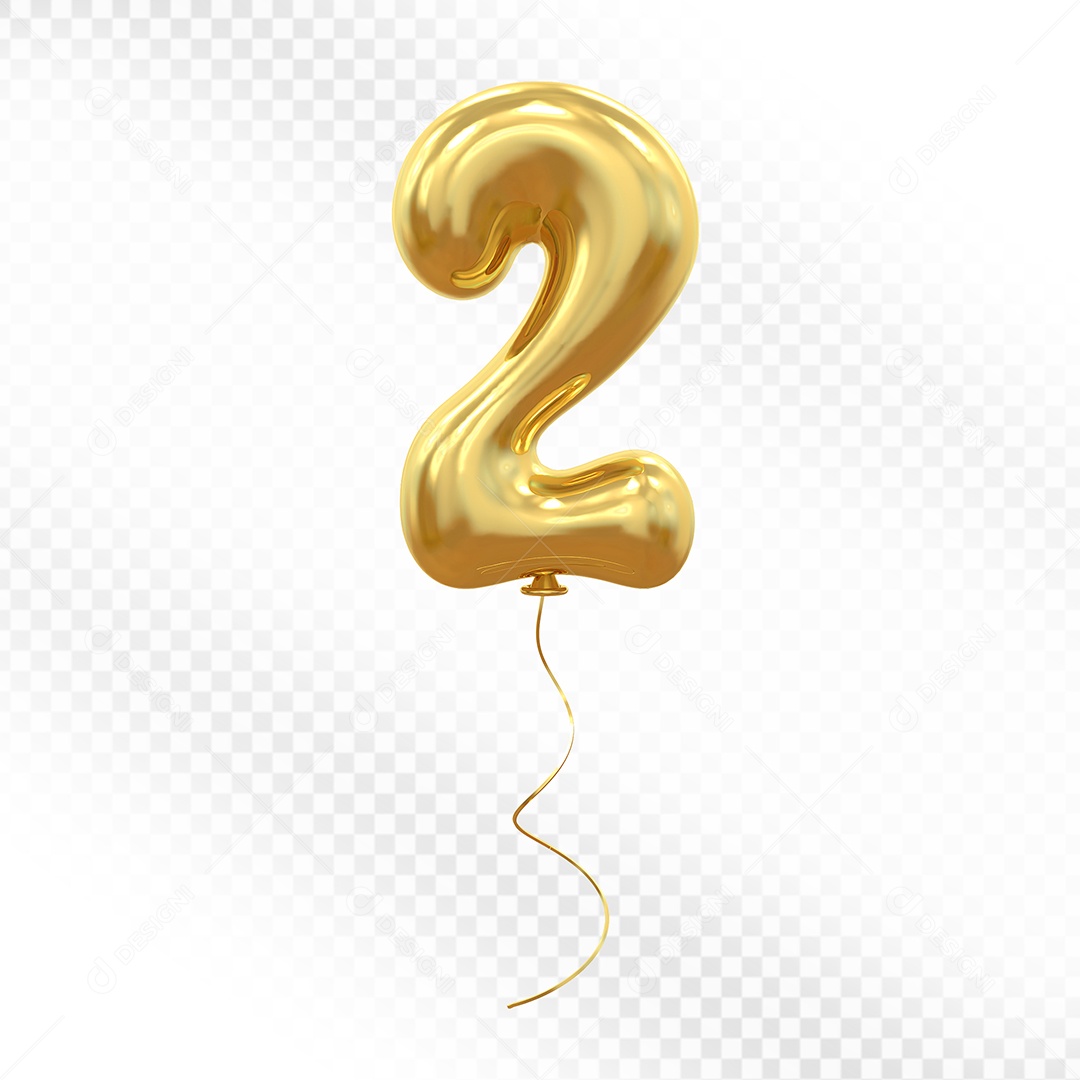 Elemento 3D Balão Dourado de Número 2 para Composição PSD