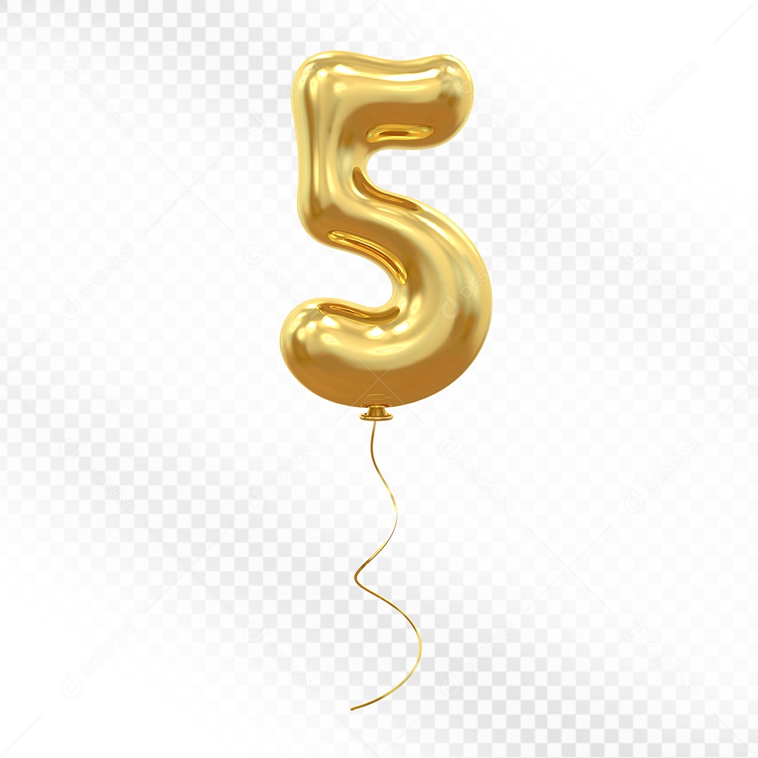 Elemento 3D Balão Dourado de Número 5  para Composição PSD