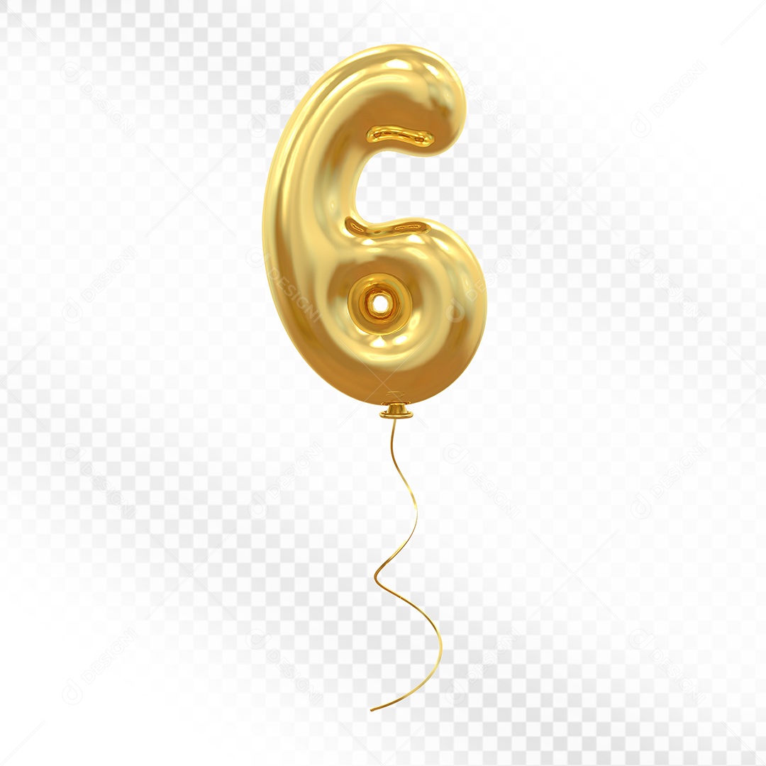 Elemento 3D Balão Dourado de Número 6 para Composição PSD