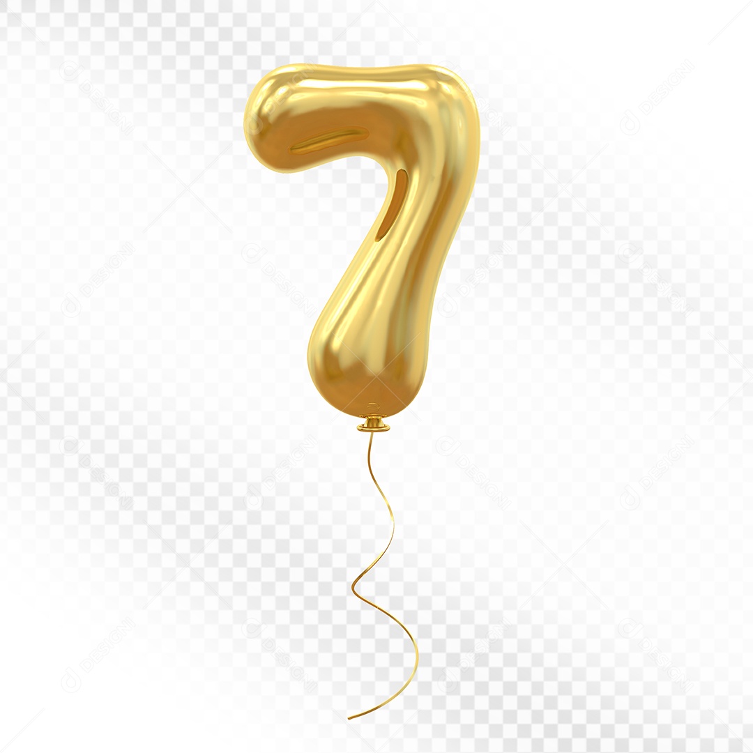 Elemento 3D Balão Dourado de Número 7 para Composição PSD