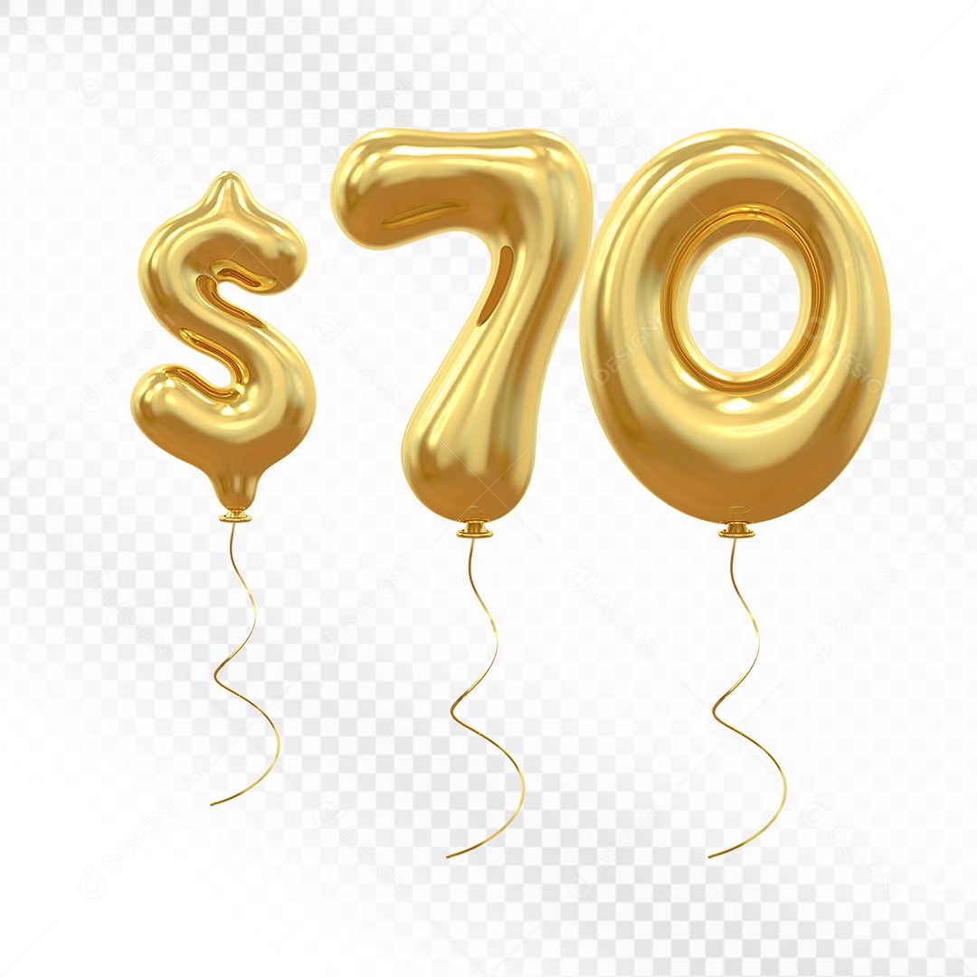 Elemento 3D Balão Dourado de Número $70 para Composição PSD
