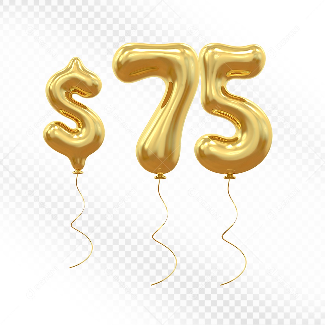 Elemento 3D Balão Dourado de Número $75 para Composição PSD