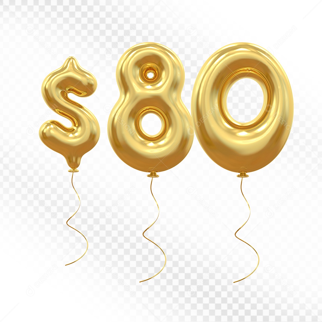 Elemento 3D Balão Dourado de Número $80 para Composição PSD